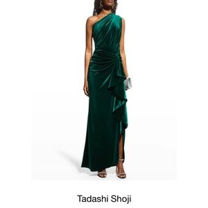 Tadashi Shoji Deep Green One-Shoulder Velvet Gown